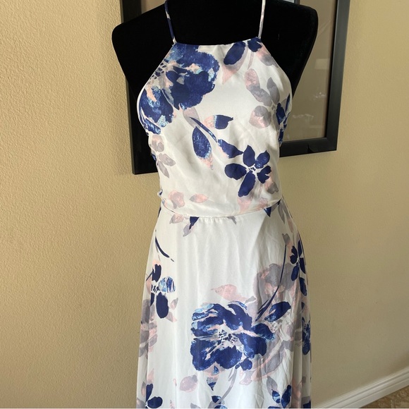 LULUS All I Need Grey Blue and Pink Floral Print Strappy Maxi Dress size large - Picture 2 of 10